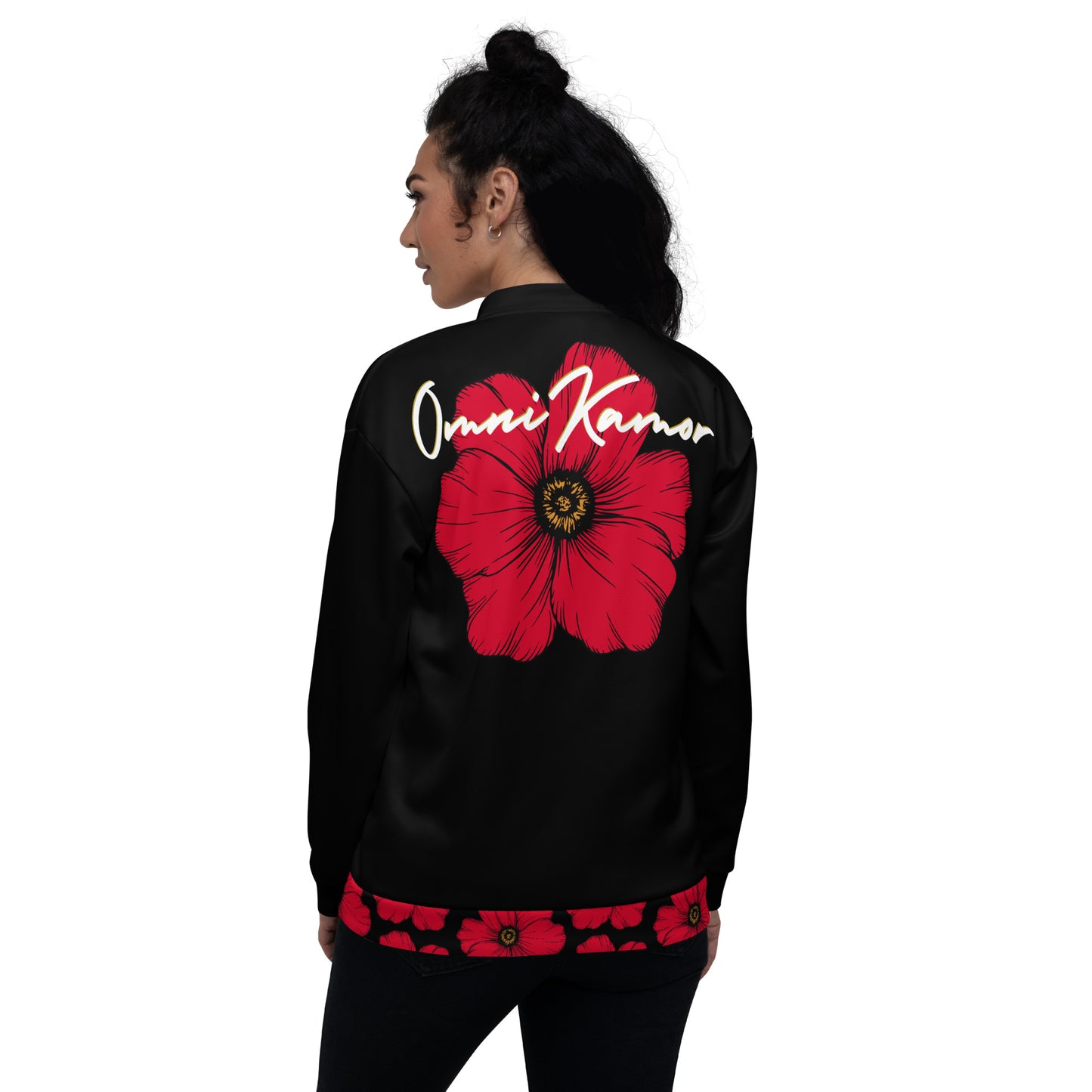 Red Flower Unisex Lightweight Bomber Jacket Black