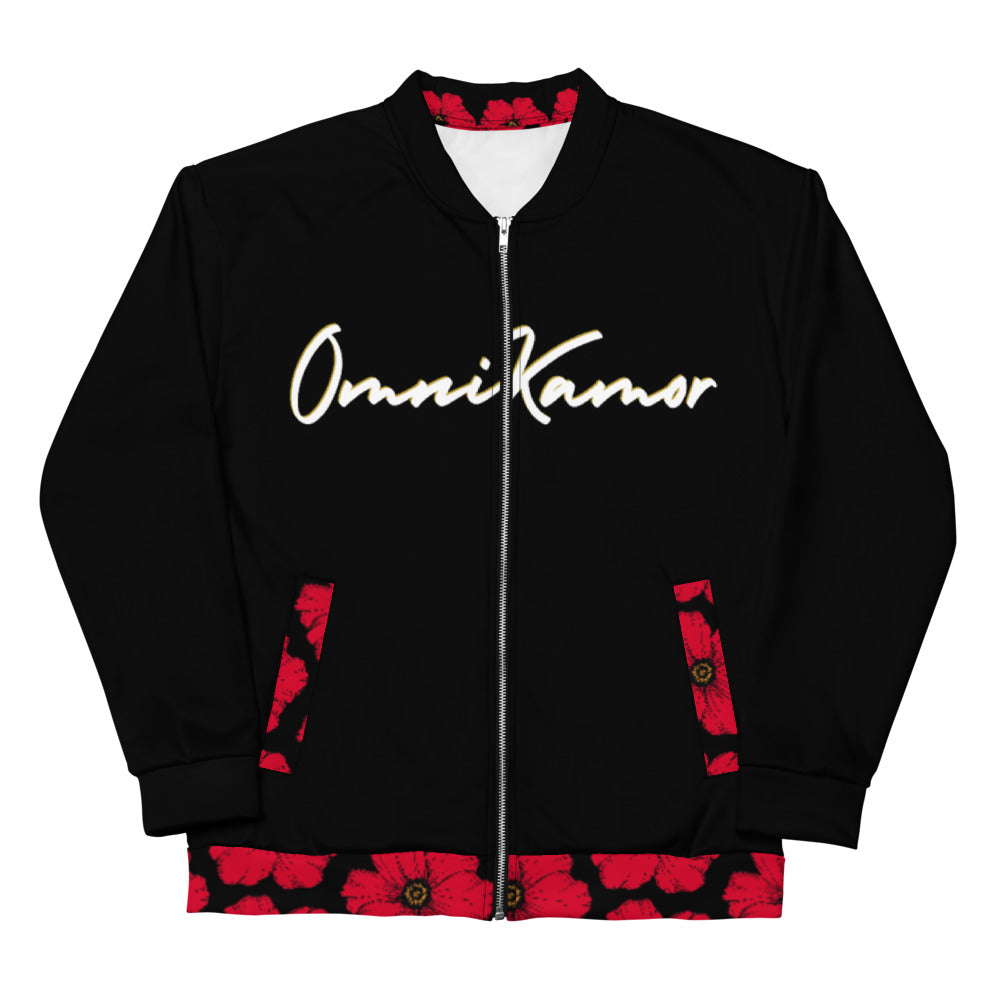 Red Flower Unisex Lightweight Bomber Jacket Black