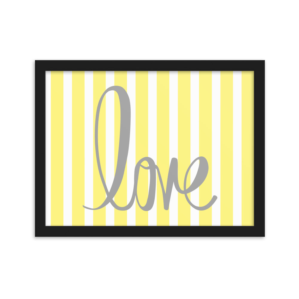 Yellow Pin Stripe "Love" Framed Matte Paper Poster