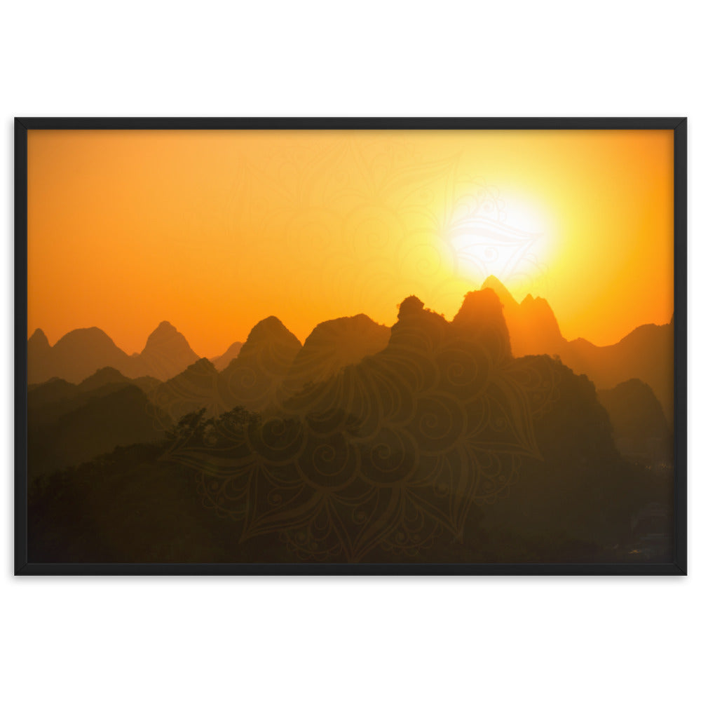 Orange Sunset Mandala Framed Matte Paper Poster Horizontal