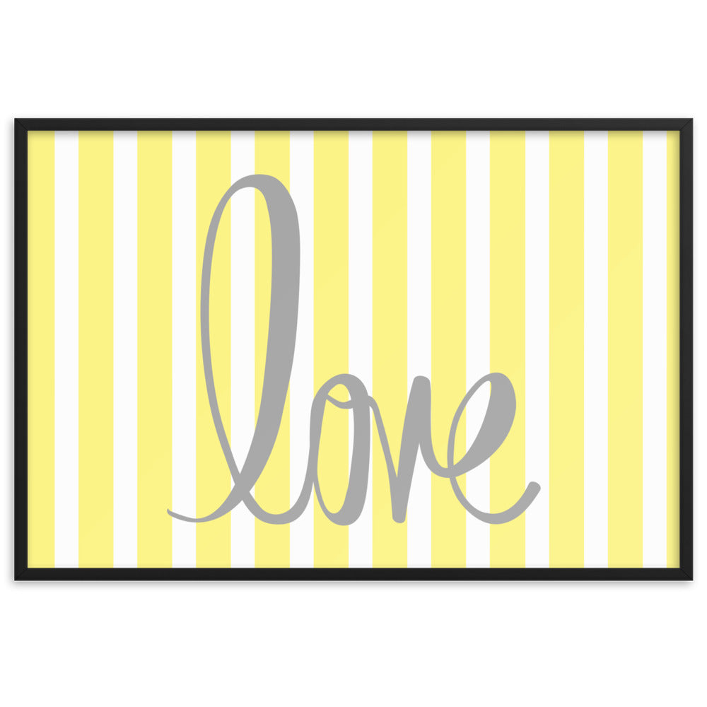 Yellow Pin Stripe "Love" Framed Matte Paper Poster