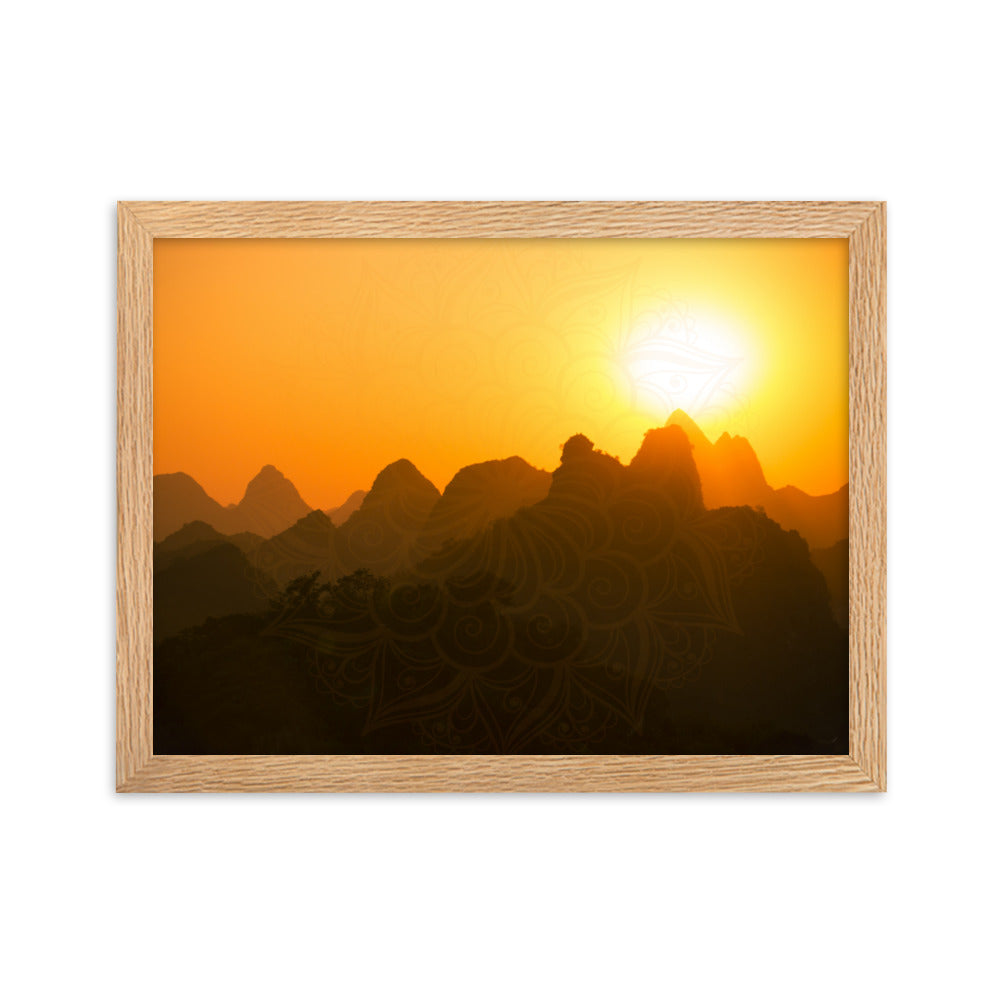 Orange Sunset Mandala Framed Matte Paper Poster Horizontal