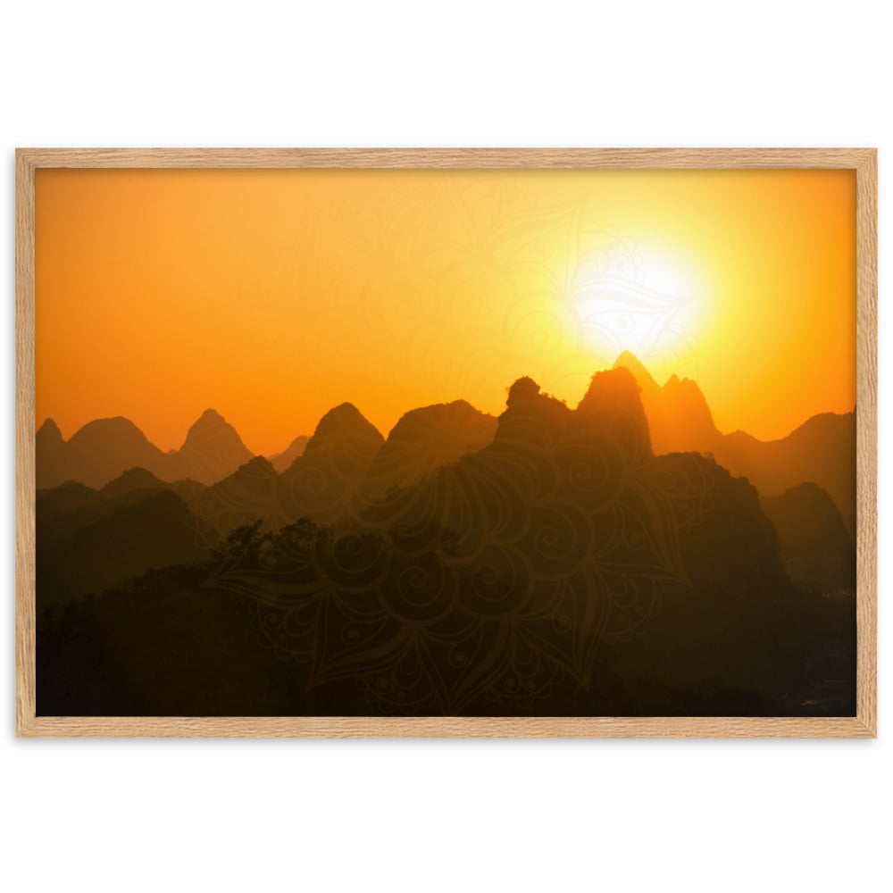 Orange Sunset Mandala Framed Matte Paper Poster Horizontal