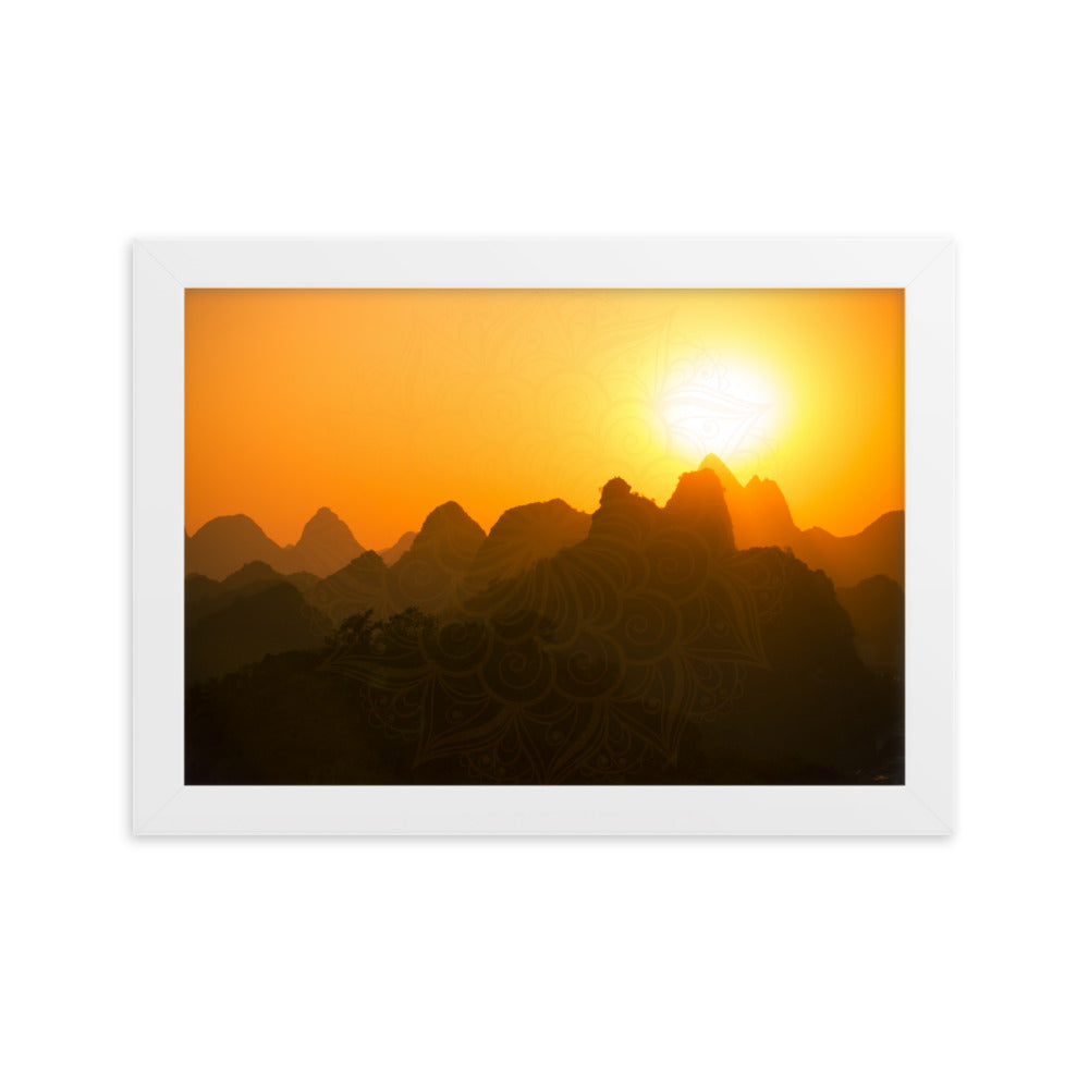 Orange Sunset Mandala Framed Matte Paper Poster Horizontal