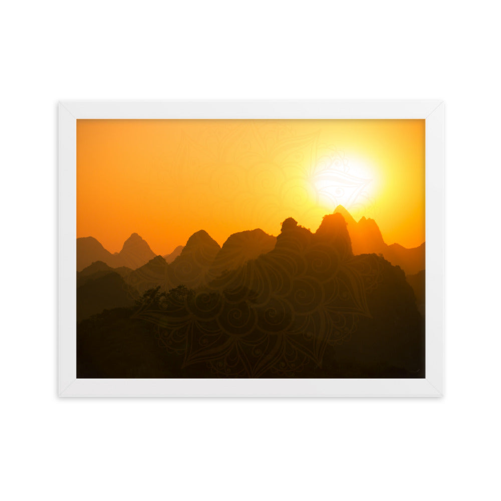 Orange Sunset Mandala Framed Matte Paper Poster Horizontal
