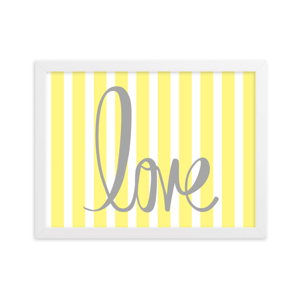 Yellow Pin Stripe "Love" Framed Matte Paper Poster