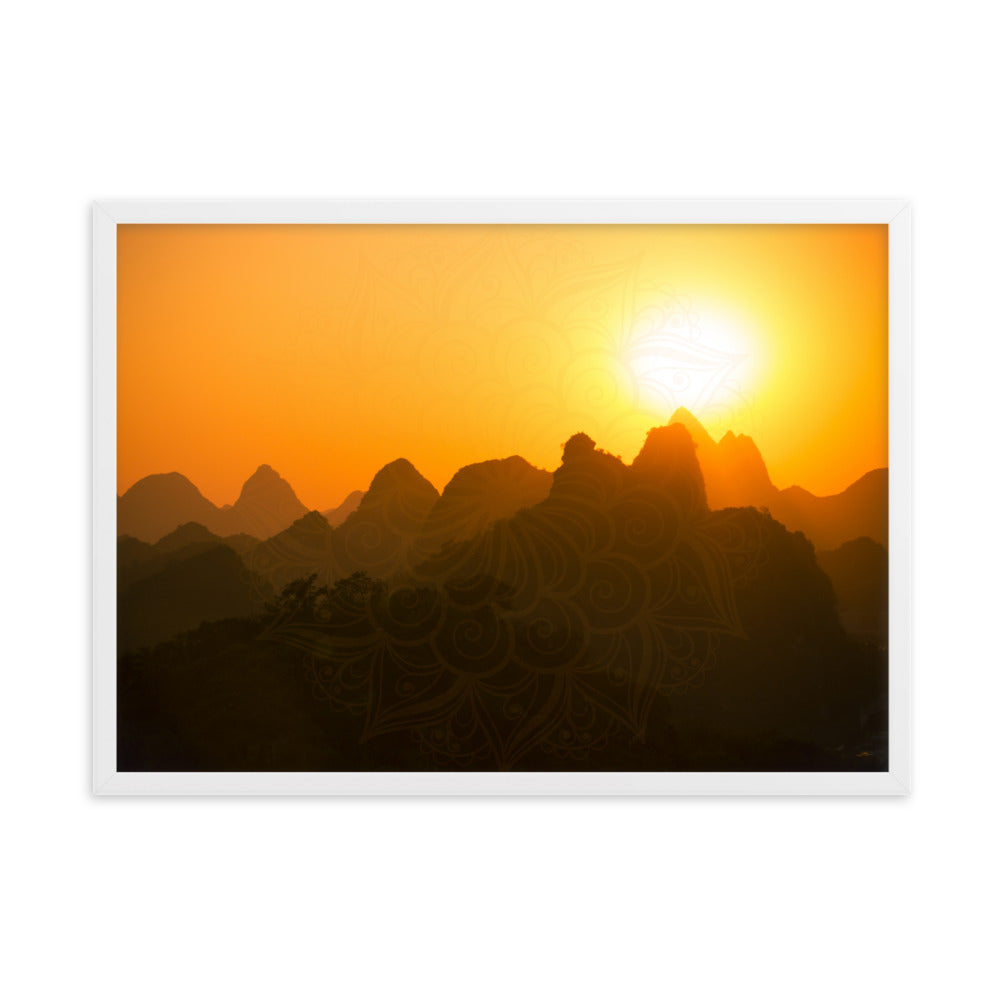 Orange Sunset Mandala Framed Matte Paper Poster Horizontal