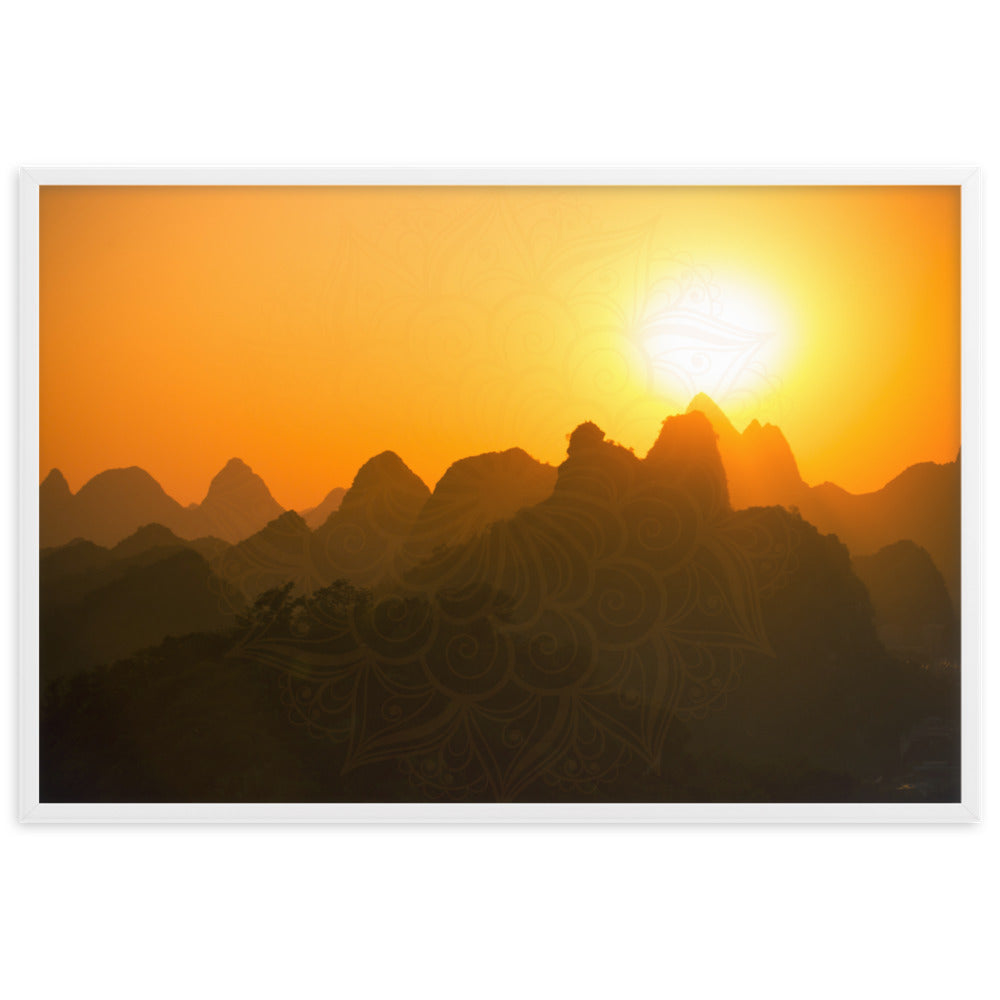Orange Sunset Mandala Framed Matte Paper Poster Horizontal