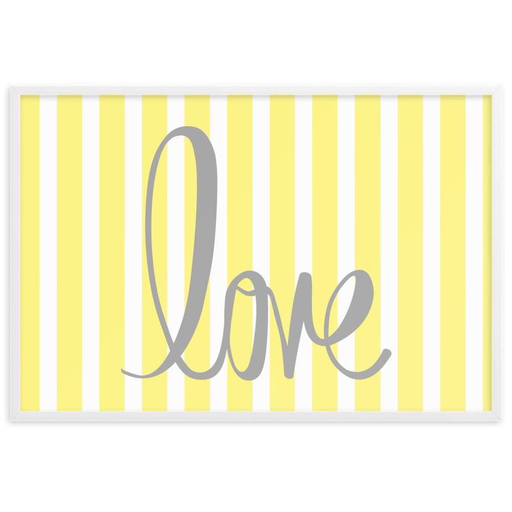 Yellow Pin Stripe "Love" Framed Matte Paper Poster