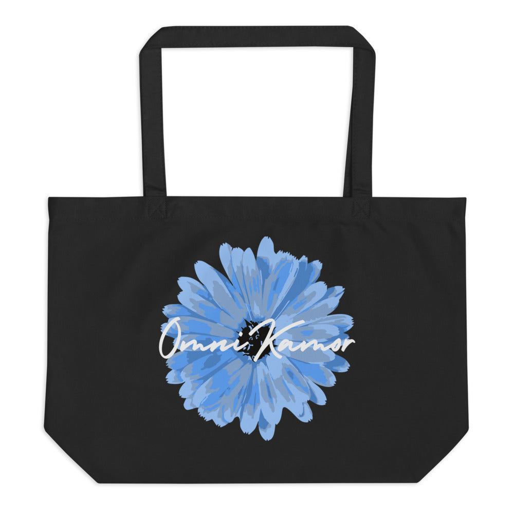 Large Organic Signature Blue Flower Tote Bag