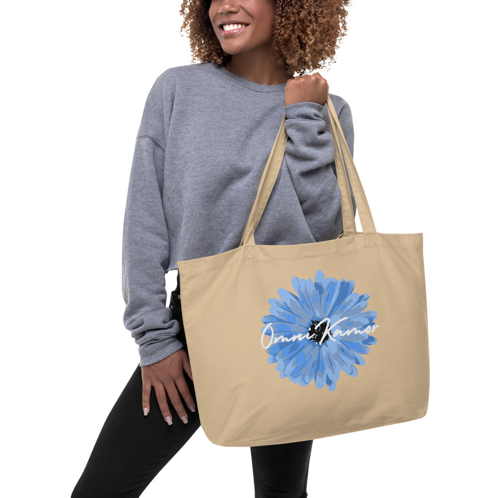 Large Organic Signature Blue Flower Tote Bag
