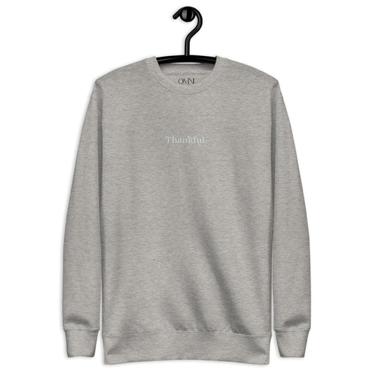Embroidered "Thankful" Unisex Fleece Pullover Grey