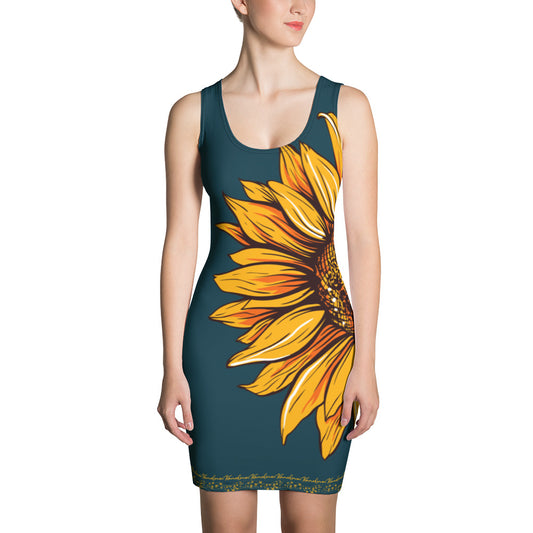 Emerald Green Sunflower Fitted Dress