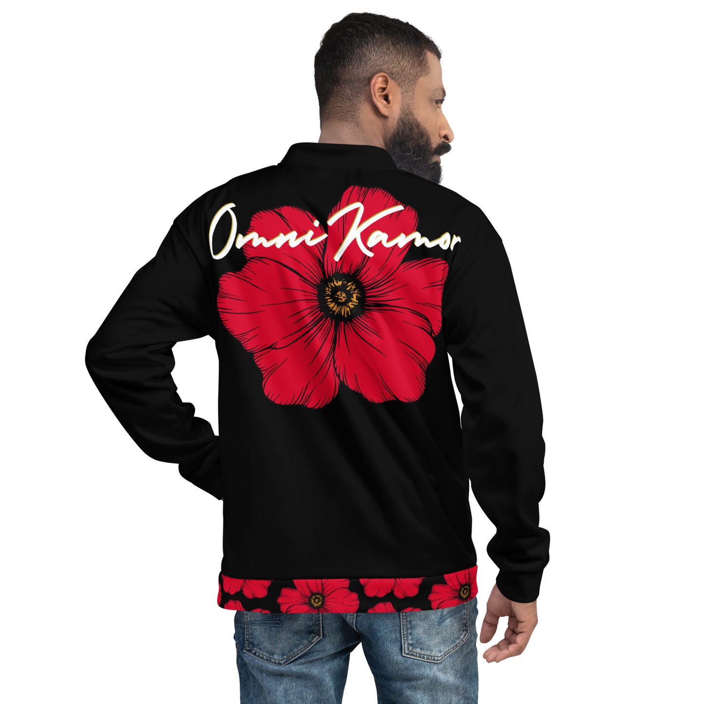 Red Flower Unisex Lightweight Bomber Jacket Black