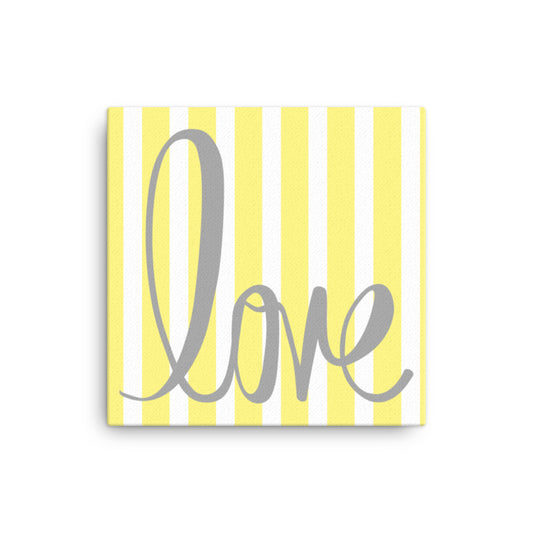 Yellow Pin Stripe "Love" Framed Canvas Print