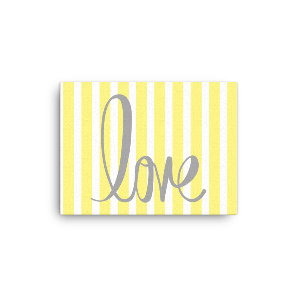 Yellow Pin Stripe "Love" Framed Canvas Print