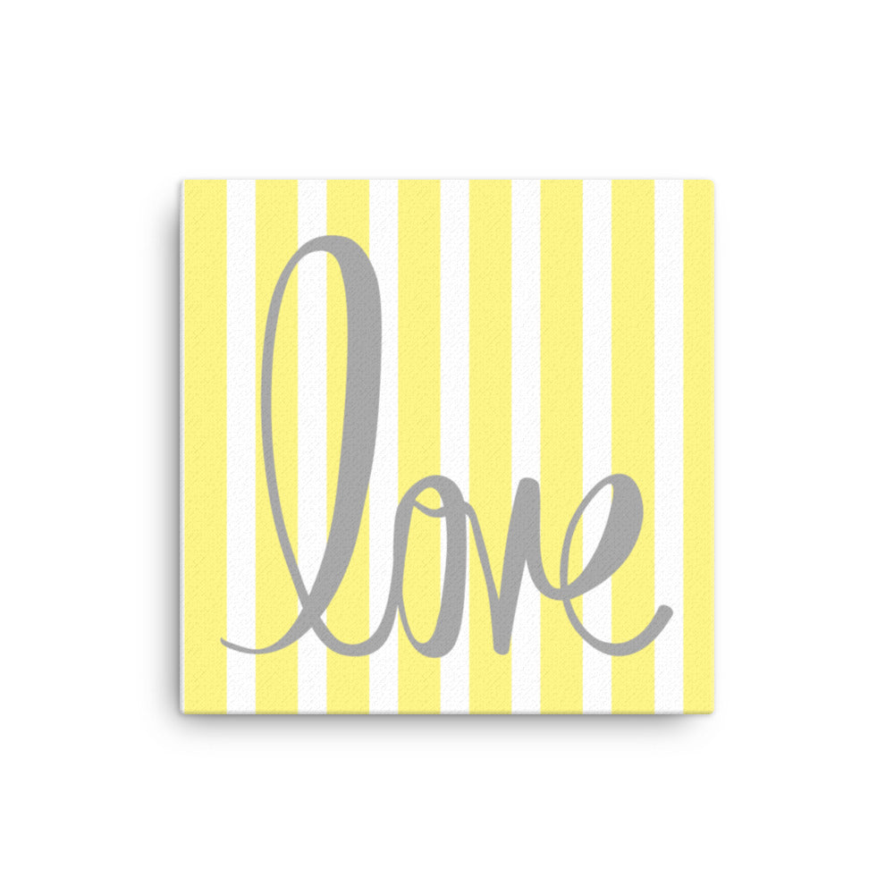 Yellow Pin Stripe "Love" Framed Canvas Print