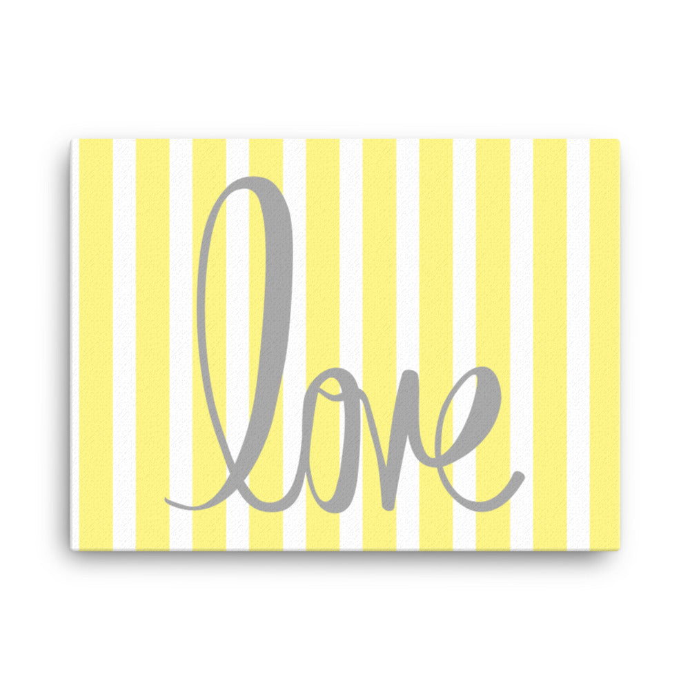 Yellow Pin Stripe "Love" Framed Canvas Print