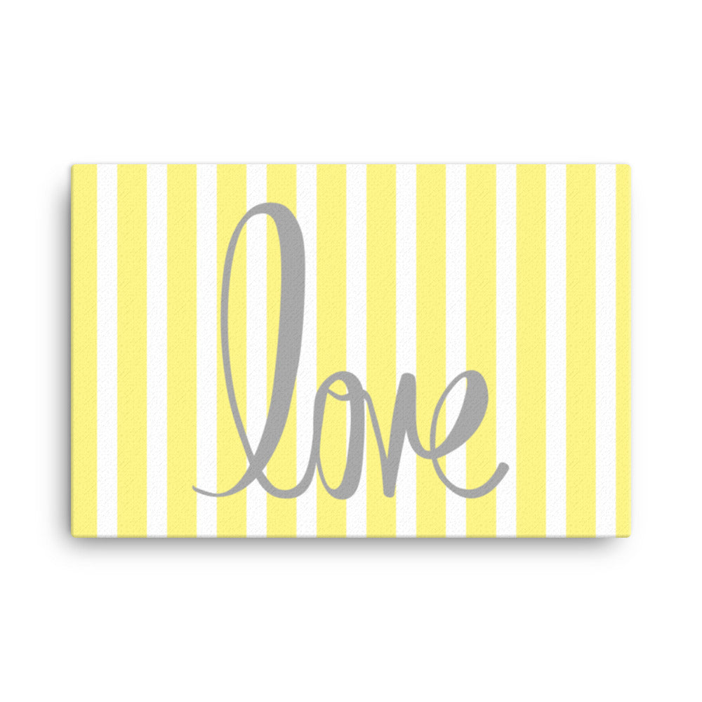 Yellow Pin Stripe "Love" Framed Canvas Print