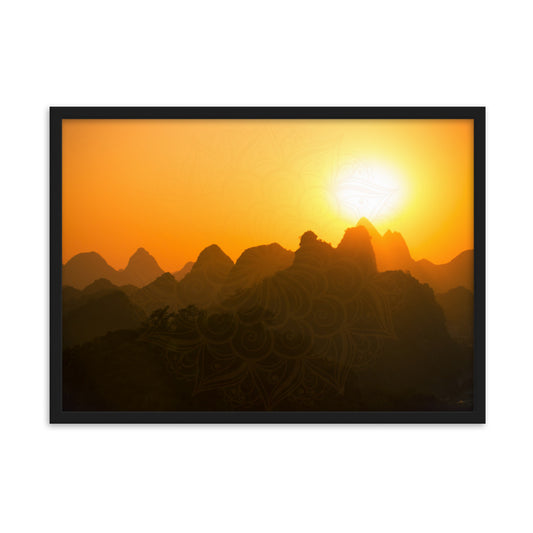 Orange Sunset Mandala Framed Matte Paper Poster Horizontal