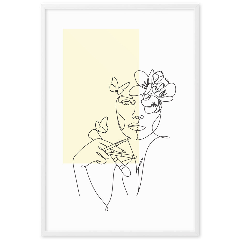 Yellow Flower Lady Sketch Art Framed Matte Paper Poster