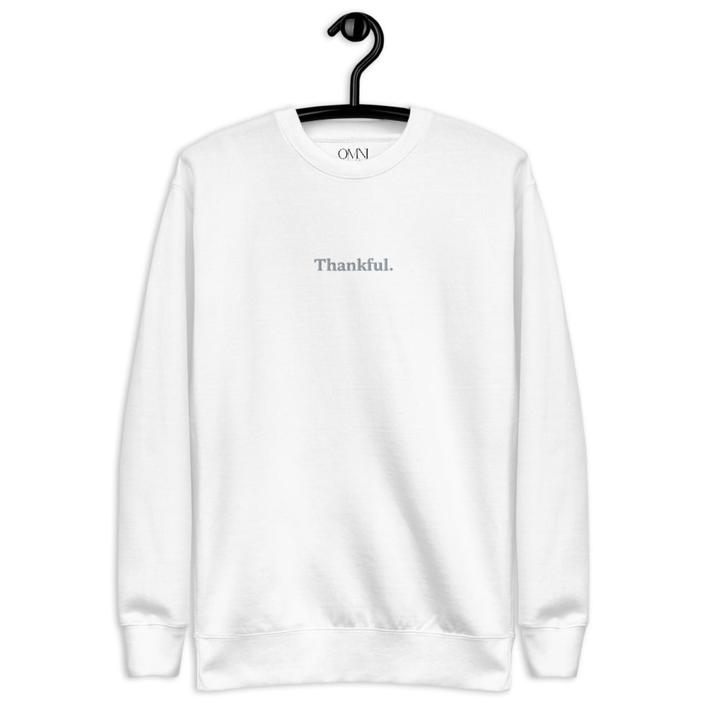 Embroidered "Thankful" Unisex Fleece Pullover White