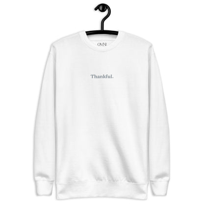 Embroidered "Thankful" Unisex Fleece Pullover White