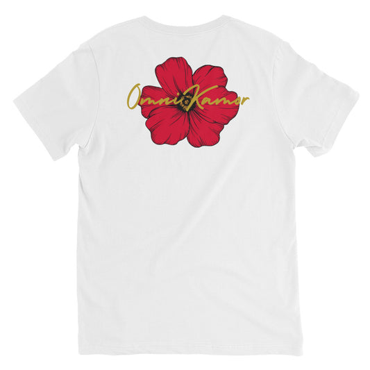 Men's Red Flower Unisex Short Sleeve V-Neck T-Shirt White